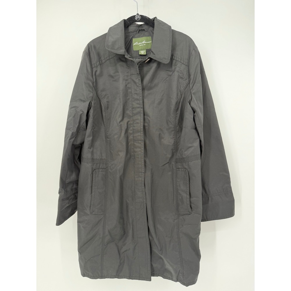 Eddie Bauer Womens XL Tall Black Trench Coat Hidden Button Rain Jacket